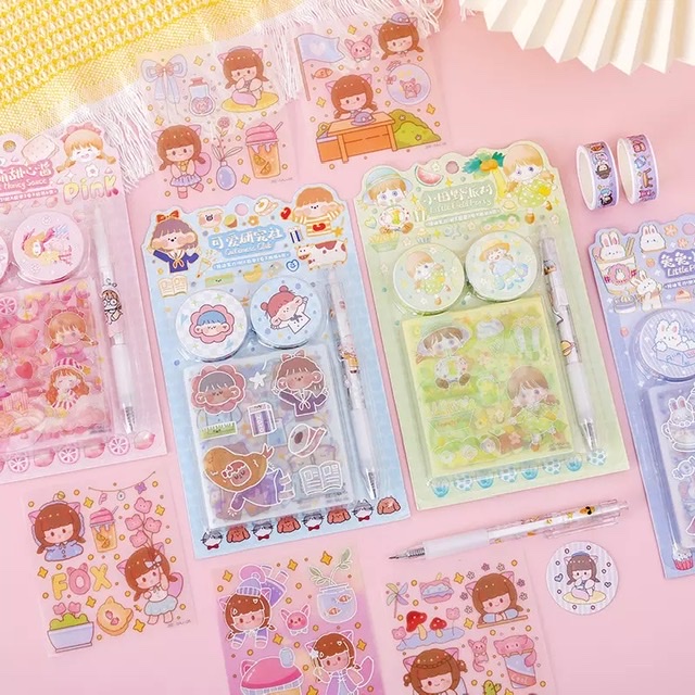 SET WASHI TAPE + STICKERS Y BOLI CÚTER