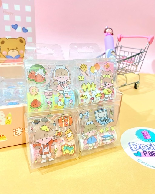 SET MINI WASHI TAPE + DISPENSADOR Y STCIKERS