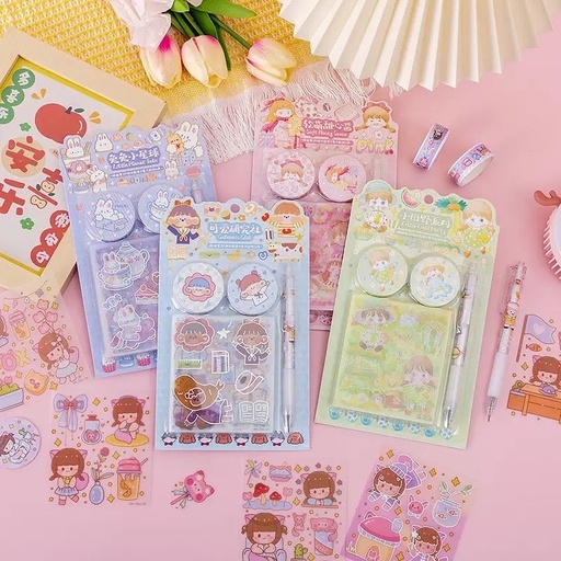 SET WASHI TAPE + STICKERS Y BOLI CÚTER